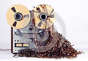 Open Reel Tape Deck Recorder Player with Messy Entangled Tape