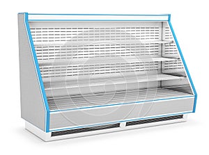Open refrigerated display case with shelves.