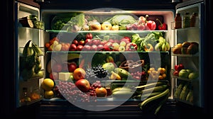 An Open Refrigerator Filled With Fresh Fruits And Vegetables. Generative Ai