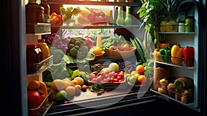 An Open Refrigerator Filled With Fresh Fruits And Vegetables. Generative Ai