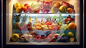 An Open Refrigerator Filled With Fresh Fruits And Vegetables. Generative Ai