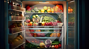 An Open Refrigerator Filled With Fresh Fruits And Vegetables. Generative Ai