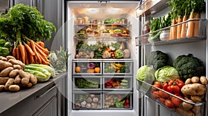 Open refrigerator filled with fresh vegetables and fruits in a modern kitchen