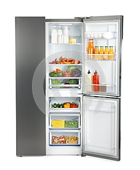 Open refrigerator filled with products isolated
