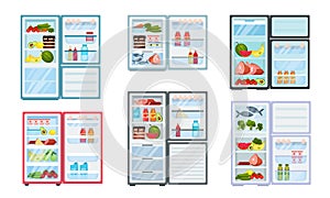 Open Refrigerator with Fresh Food Inside Vector Set