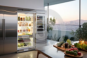 Open refrigerator with fresh vegetables and fruits in the kitchen. Generative AI