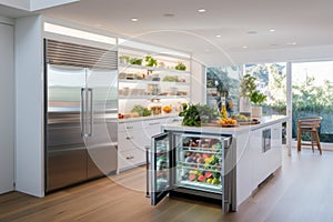 Open refrigerator with fresh vegetables and fruits in the kitchen. Generative AI