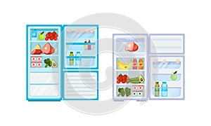 Open Refrigerator or Fridge as Home Appliance for Food Storage with Foodstuff Inside Vector Set