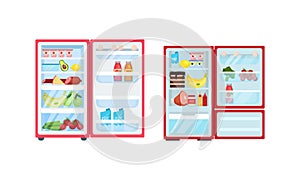 Open Refrigerator or Fridge as Home Appliance for Food Storage with Foodstuff Inside Vector Set