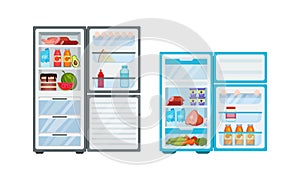 Open Refrigerator or Fridge as Home Appliance for Food Storage with Foodstuff Inside Vector Set