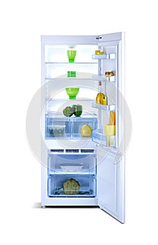 Open refrigerator. Fridge freezer