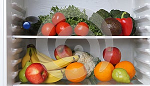 Open refrigerator with many different fresh vegetables and fruits