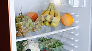 Open refrigerator with many different fresh vegetables and fruits