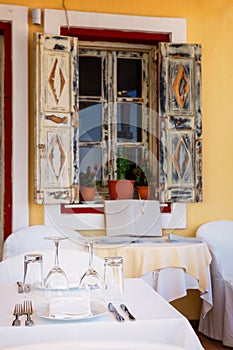 Open restaurant terrasse with amazing sea view on Santorini island. Greece