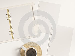 Open ring bound A5 leather notebook mock-up and loose sheets to customise photo