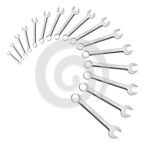 Open ring combined metric wrenches or spanners. From 6mm to 21mm. Fanlike