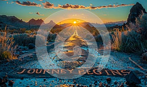 The open road through a desert at sunset with JOURNEY BEGINS written across the path, symbolizing new adventures and the start of