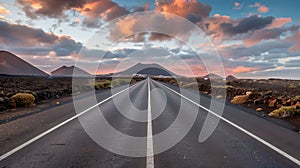 Open road leading to distant mountains under a vibrant sunset sky. Travel and nature concept in landscape format