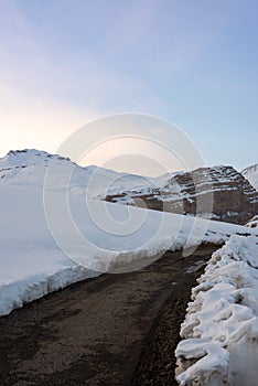 Open road in winter in himalayas of india