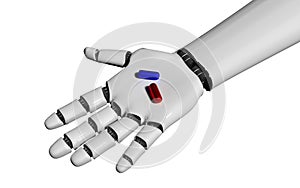 Open robot hand holding pills on white. 3d rendering