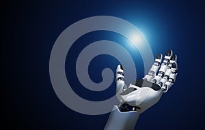 open robotic hand holds a point of light on blue background