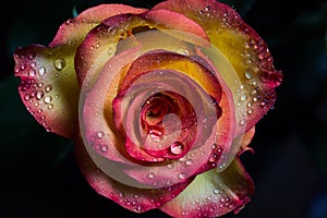 Open rose with dew droplets