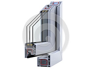 Open Ñross section through a window PVC profile. 3D render, isolated on white background.