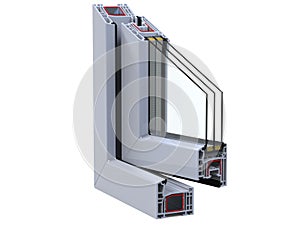 Open Ñross section through a window PVC profile. 3D render, isolated on white background.