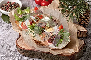 Open rustic sandwiches with vegetables, tomato, boiled egg. Homemade sandwich with ham, cucumber, radish sprouts on