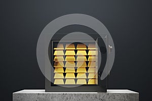 Open safe box, black wall, gold ingots