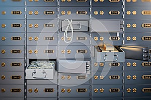 Open safe deposit box with money, jewels and golden ingots. Financial banking investment concept