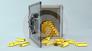 An open Safe with gold bars falling out of it. 3D render