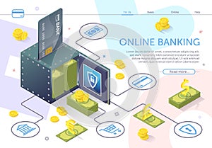 Open Safe with Stack Banknotes. Online Banking.