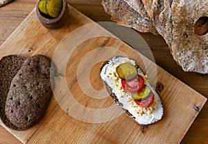 open Sandwich with creame cheese. Top view  flat lay. Copy space. Traditional Scandinavian breakfast.