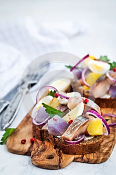 Open sandwich smorrebrod with herring, onion, potato and eggs photo