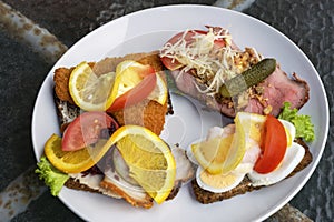 Open sandwiches bread with different kind of cold cuts