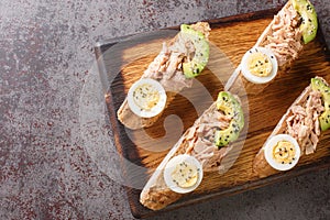 Open sandwiches with canned tuna, boiled egg, ripe avocado and sesame seeds close-up on a wooden board. Horizontal top view