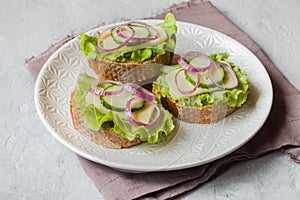 Open sandwiches with cheese, cucumbers and onions on wheat bread