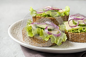 Open sandwiches with cheese, cucumbers and onions on wheat bread. Selective focus.