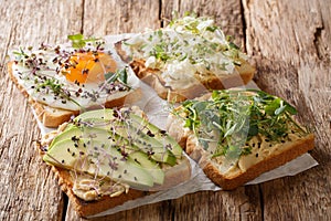 Open sandwiches with hummus, avocado, feta cheese, micro green and egg closeup on the table. horizontal