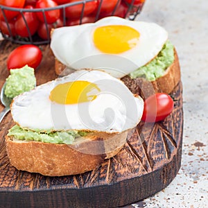 Open sandwiches with mashed avocado and fried egg on toasted bread, square