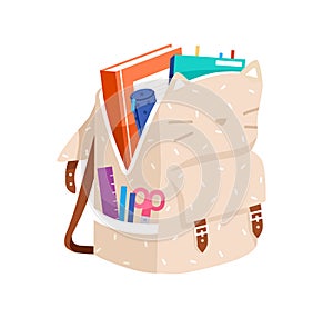 Open schoolbag packed with school stationery. Bag with books, pens in pocket. Backpack with supplies. Kitty-shaped