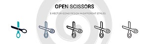 Open scissors icon in filled, thin line, outline and stroke style. Vector illustration of two colored and black open scissors