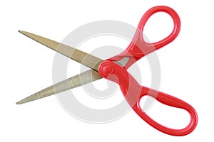 open scissors with red handle isolated on white