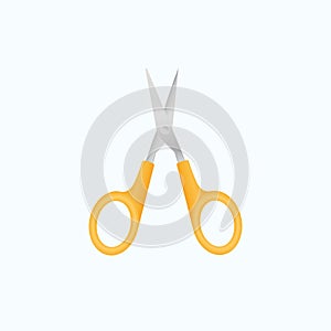 Open scissors with yellow handles for kids. Flat illustration of scissors