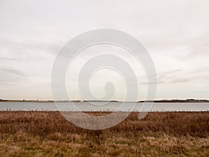 open sea coast plain with grass in front horizon overcast clear