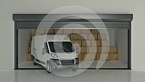 Open self storage unit full of cardboard boxes with truck. 3d rendering