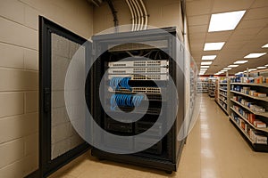 Open server rack with organized patch panels and ethernet cabling in commercial tech environment, showcasing structured networking