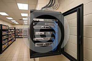Open server rack with organized patch panels and ethernet cabling in commercial tech environment, showcasing structured networking