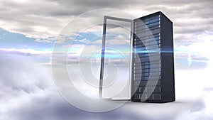 Open server tower on cloudy sky background